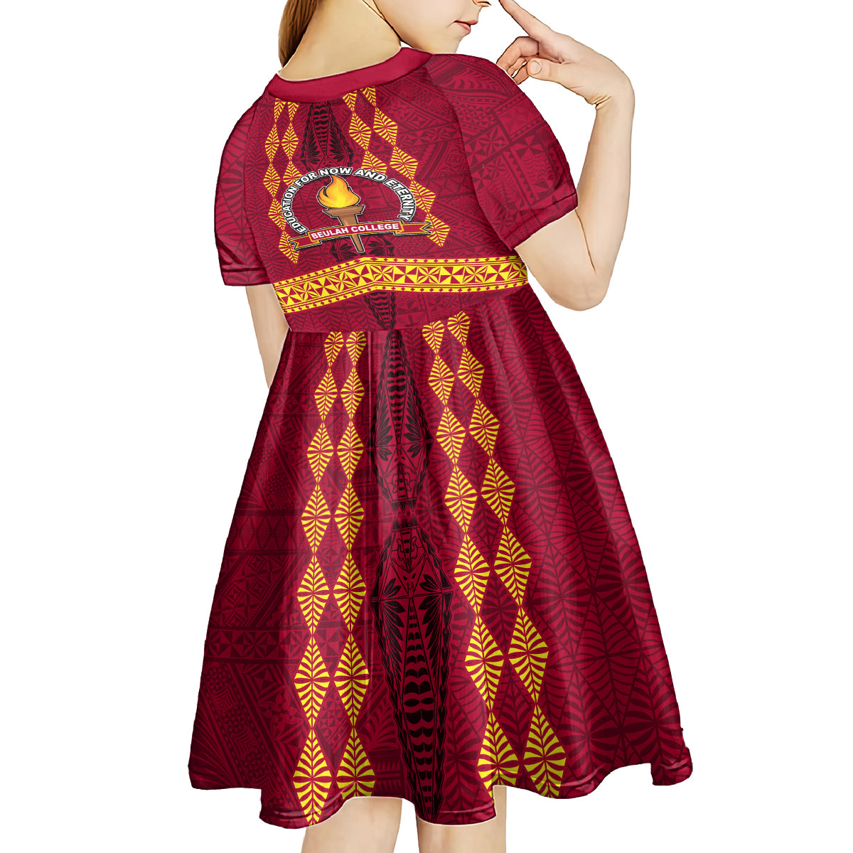 Tonga Beulah College Kid Short Sleeve Dress Ngatu and Polynesian Pattern LT03 - Polynesian Pride