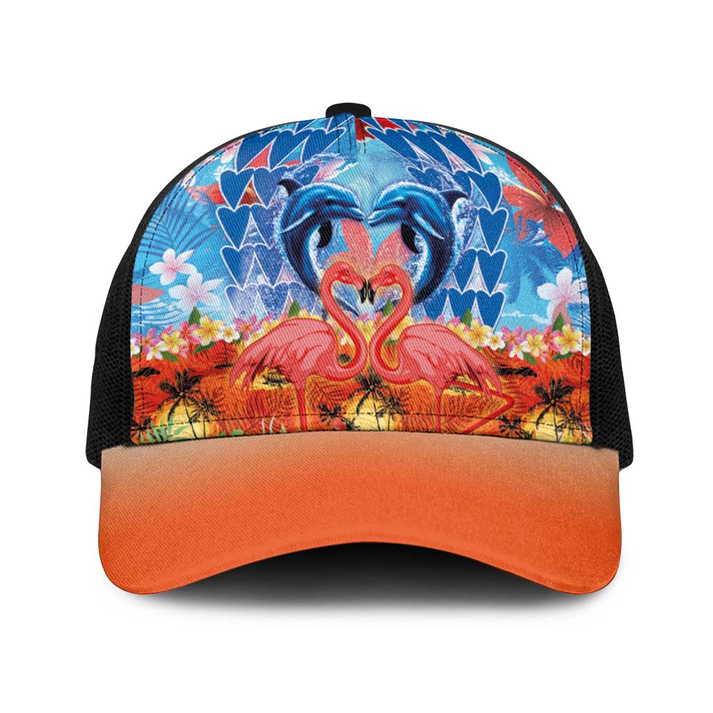 Hawaiian Love-Couple Dolphins and Flamingos Baseball Net Cap - Polynesian Pride