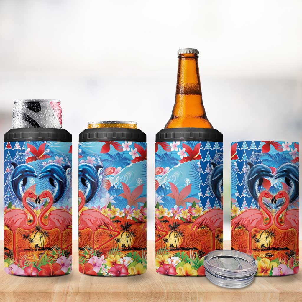 Hawaiian Love-Couple Dolphins and Flamingos 4 in 1 Can Cooler Tumbler LT03 - Polynesian Pride