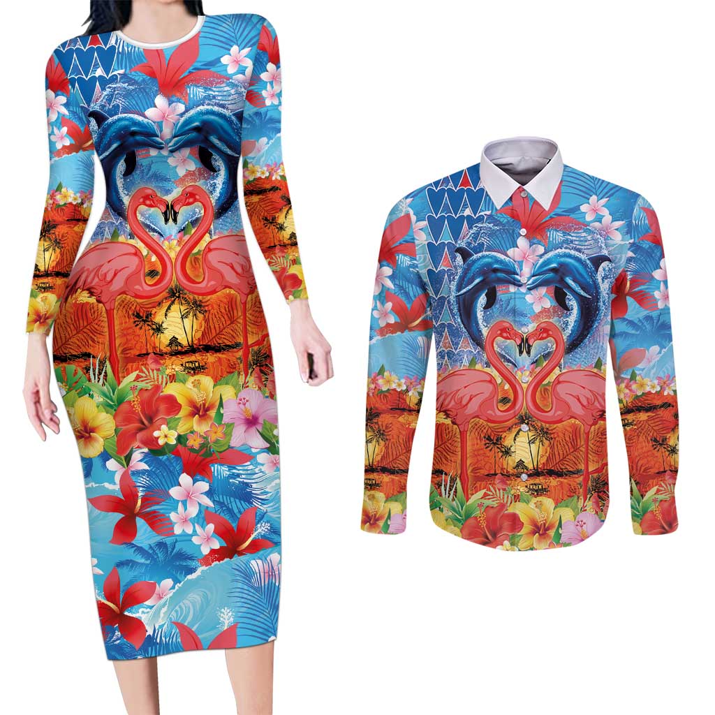 Hawaiian Love-Couple Dolphins and Flamingos Couples Matching Long Sleeve Bodycon Dress and Long Sleeve Button Shirt LT03 Multicolor - Polynesian Pride