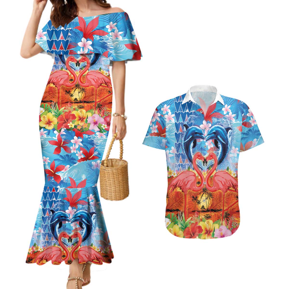 Hawaiian Love-Couple Dolphins and Flamingos Couples Matching Mermaid Dress and Hawaiian Shirt LT03 Multicolor - Polynesian Pride