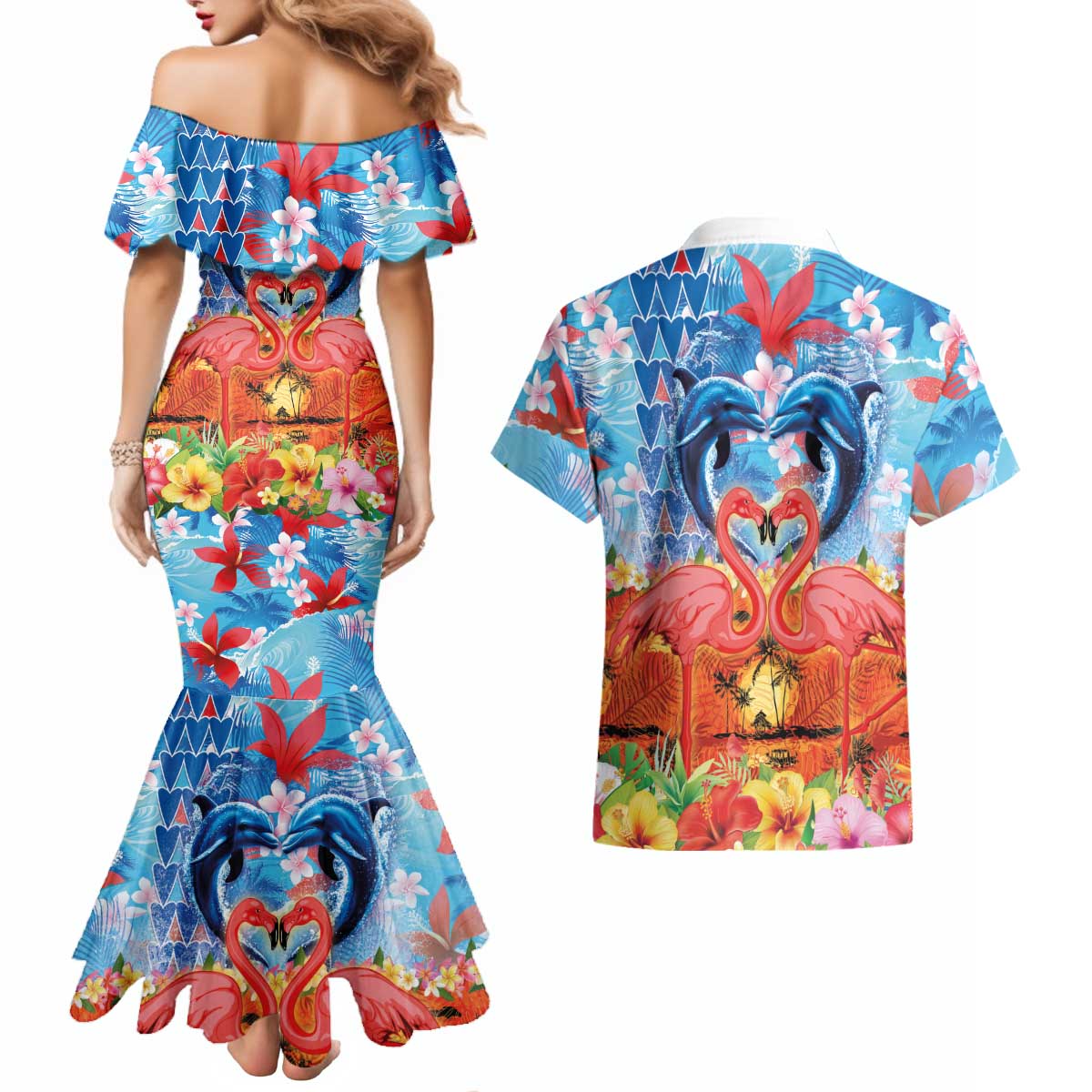 Hawaiian Love-Couple Dolphins and Flamingos Couples Matching Mermaid Dress and Hawaiian Shirt LT03 - Polynesian Pride