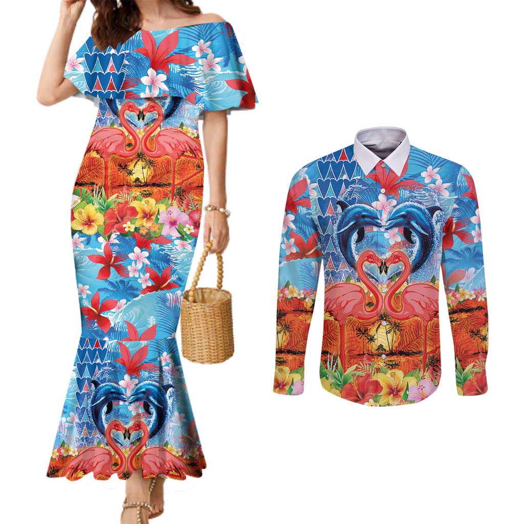 Hawaiian Love-Couple Dolphins and Flamingos Couples Matching Mermaid Dress and Long Sleeve Button Shirt LT03 Multicolor - Polynesian Pride