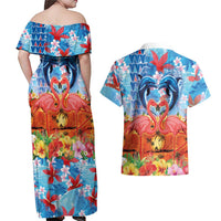 Hawaiian Love-Couple Dolphins and Flamingos Couples Matching Off Shoulder Maxi Dress and Hawaiian Shirt LT03 - Polynesian Pride