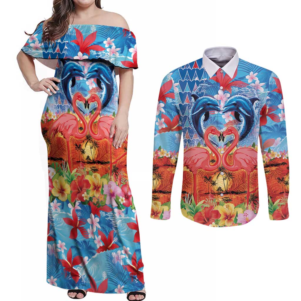 Hawaiian Love-Couple Dolphins and Flamingos Couples Matching Off Shoulder Maxi Dress and Long Sleeve Button Shirt LT03 Multicolor - Polynesian Pride