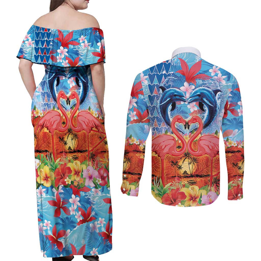 Hawaiian Love-Couple Dolphins and Flamingos Couples Matching Off Shoulder Maxi Dress and Long Sleeve Button Shirt LT03 - Polynesian Pride