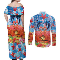 Hawaiian Love-Couple Dolphins and Flamingos Couples Matching Off Shoulder Maxi Dress and Long Sleeve Button Shirt LT03 - Polynesian Pride