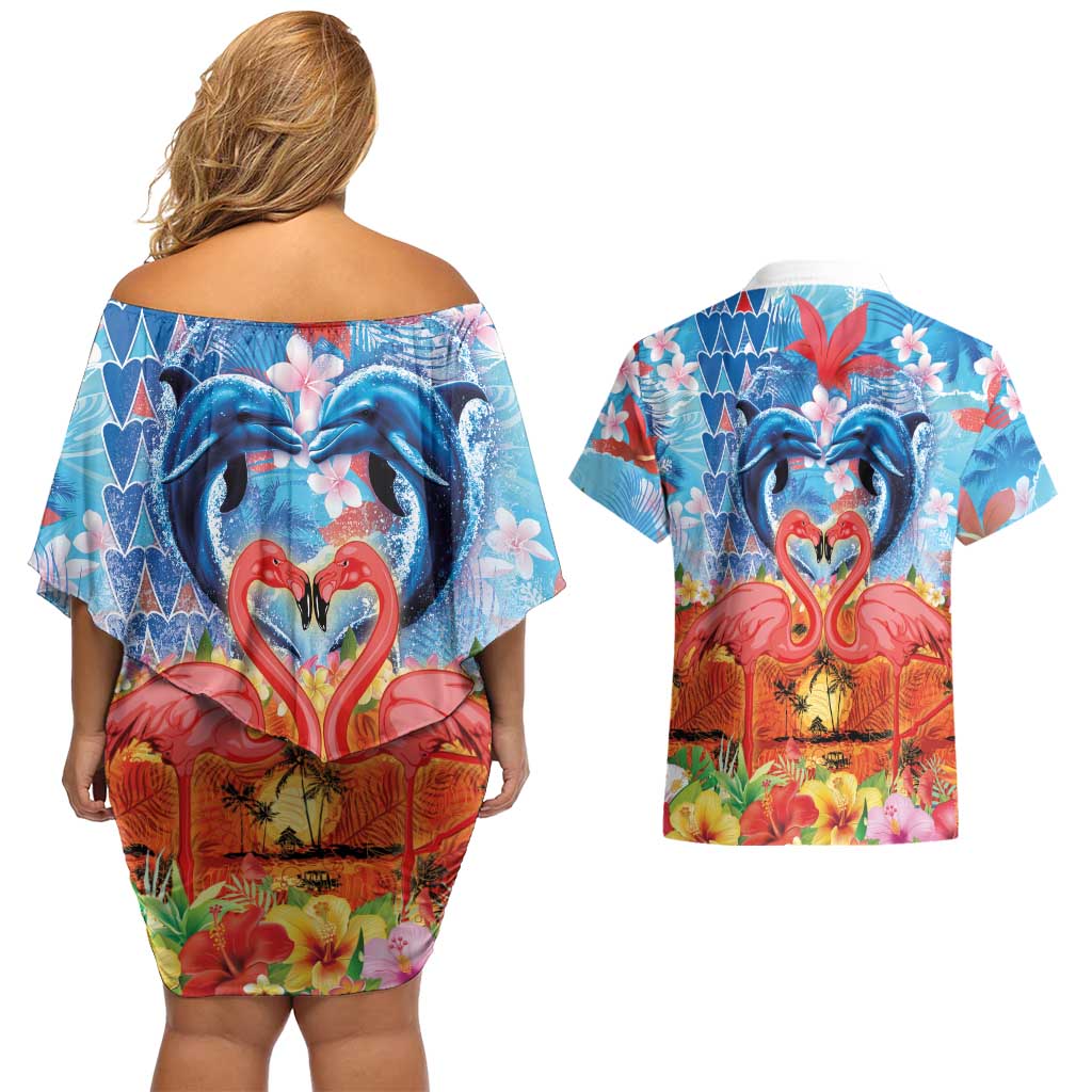 Hawaiian Love-Couple Dolphins and Flamingos Couples Matching Off Shoulder Short Dress and Hawaiian Shirt LT03 - Polynesian Pride