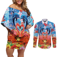 Hawaiian Love-Couple Dolphins and Flamingos Couples Matching Off Shoulder Short Dress and Long Sleeve Button Shirt LT03 Multicolor - Polynesian Pride