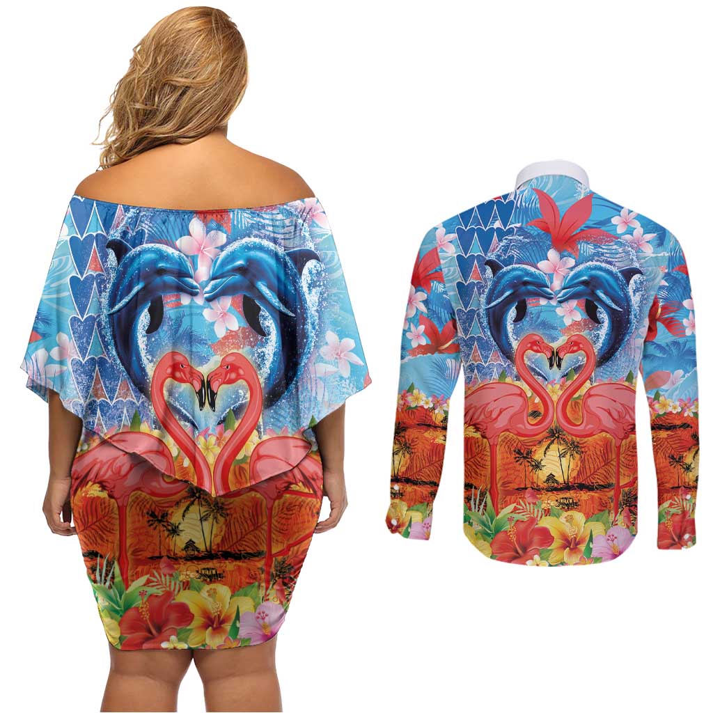 Hawaiian Love-Couple Dolphins and Flamingos Couples Matching Off Shoulder Short Dress and Long Sleeve Button Shirt LT03 - Polynesian Pride