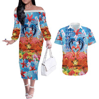 Hawaiian Love-Couple Dolphins and Flamingos Couples Matching Off The Shoulder Long Sleeve Dress and Hawaiian Shirt LT03 Multicolor - Polynesian Pride