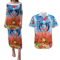 Hawaiian Love-Couple Dolphins and Flamingos Couples Matching Puletasi and Hawaiian Shirt LT03 Multicolor - Polynesian Pride