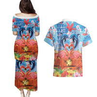 Hawaiian Love-Couple Dolphins and Flamingos Couples Matching Puletasi and Hawaiian Shirt LT03 - Polynesian Pride