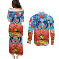 Hawaiian Love-Couple Dolphins and Flamingos Couples Matching Puletasi and Long Sleeve Button Shirt LT03 - Polynesian Pride