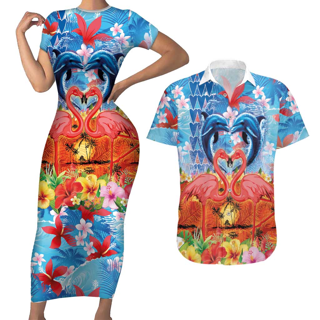Hawaiian Love-Couple Dolphins and Flamingos Couples Matching Short Sleeve Bodycon Dress and Hawaiian Shirt LT03 Multicolor - Polynesian Pride
