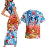 Hawaiian Love-Couple Dolphins and Flamingos Couples Matching Short Sleeve Bodycon Dress and Hawaiian Shirt LT03 - Polynesian Pride