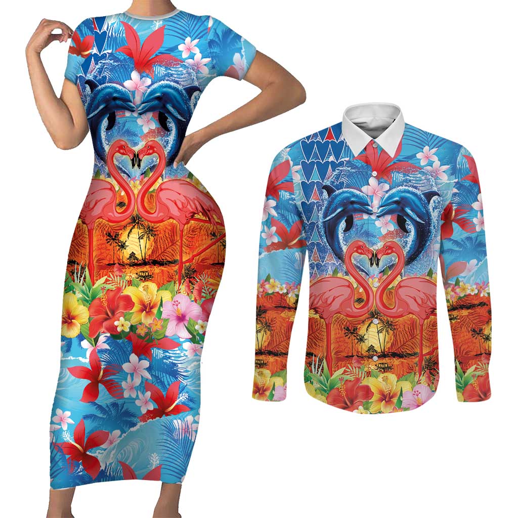 Hawaiian Love-Couple Dolphins and Flamingos Couples Matching Short Sleeve Bodycon Dress and Long Sleeve Button Shirt - Polynesian Pride