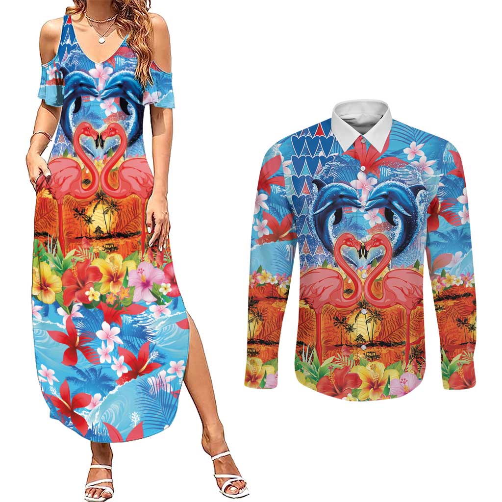 Hawaiian Love-Couple Dolphins and Flamingos Couples Matching Summer Maxi Dress and Long Sleeve Button Shirt LT03 Multicolor - Polynesian Pride