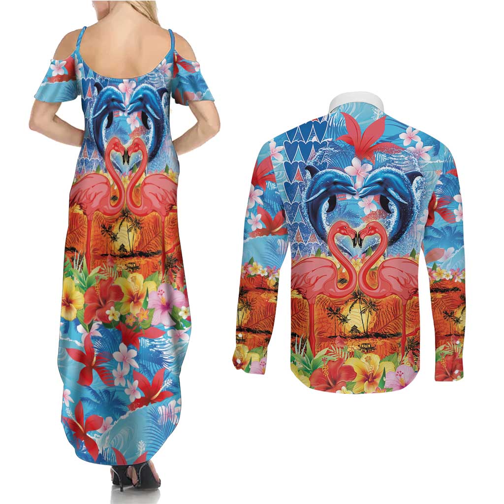 Hawaiian Love-Couple Dolphins and Flamingos Couples Matching Summer Maxi Dress and Long Sleeve Button Shirt LT03 - Polynesian Pride