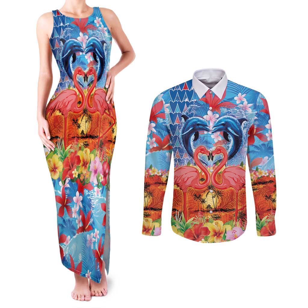 Hawaiian Love-Couple Dolphins and Flamingos Couples Matching Tank Maxi Dress and Long Sleeve Button Shirt LT03 Multicolor - Polynesian Pride