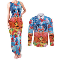 Hawaiian Love-Couple Dolphins and Flamingos Couples Matching Tank Maxi Dress and Long Sleeve Button Shirt LT03 Multicolor - Polynesian Pride
