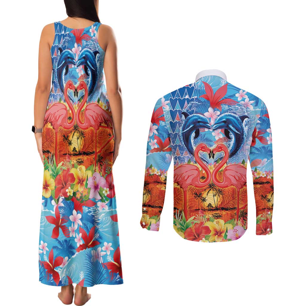 Hawaiian Love-Couple Dolphins and Flamingos Couples Matching Tank Maxi Dress and Long Sleeve Button Shirt LT03 - Polynesian Pride