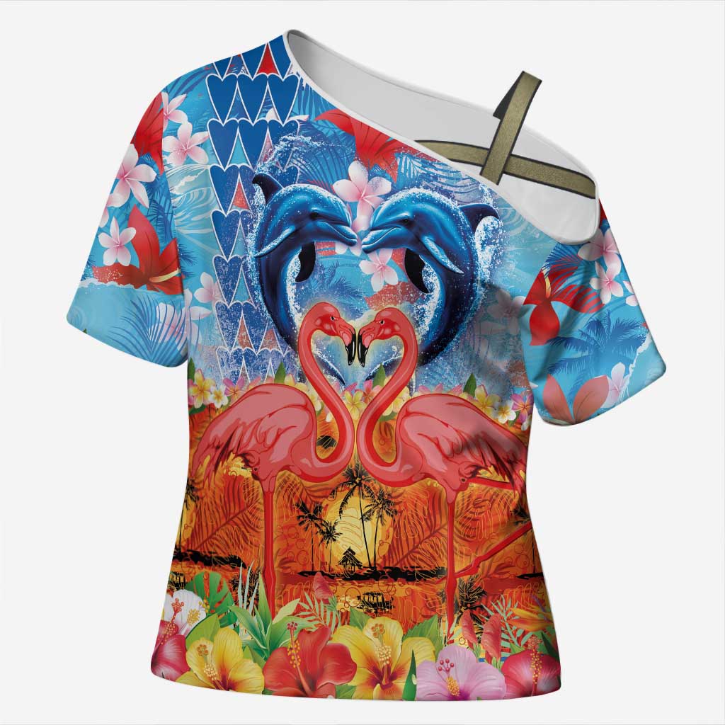 Hawaiian Love-Couple Dolphins and Flamingos Cross Shoulder Shirt LT03 Female Multicolor - Polynesian Pride