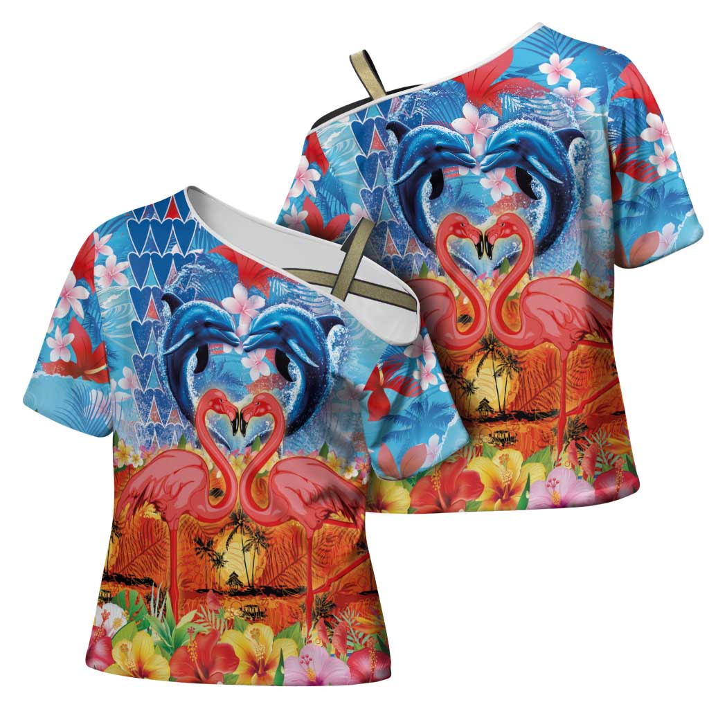 Hawaiian Love-Couple Dolphins and Flamingos Cross Shoulder Shirt LT03 - Polynesian Pride