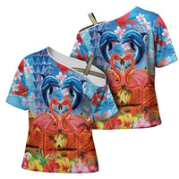 Hawaiian Love-Couple Dolphins and Flamingos Cross Shoulder Shirt LT03 - Polynesian Pride