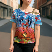 Hawaiian Love-Couple Dolphins and Flamingos Cross Shoulder Shirt LT03 - Polynesian Pride