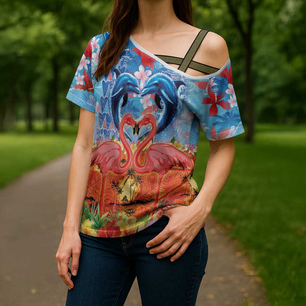 Hawaiian Love-Couple Dolphins and Flamingos Cross Shoulder Shirt LT03 - Polynesian Pride