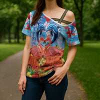Hawaiian Love-Couple Dolphins and Flamingos Cross Shoulder Shirt LT03 - Polynesian Pride