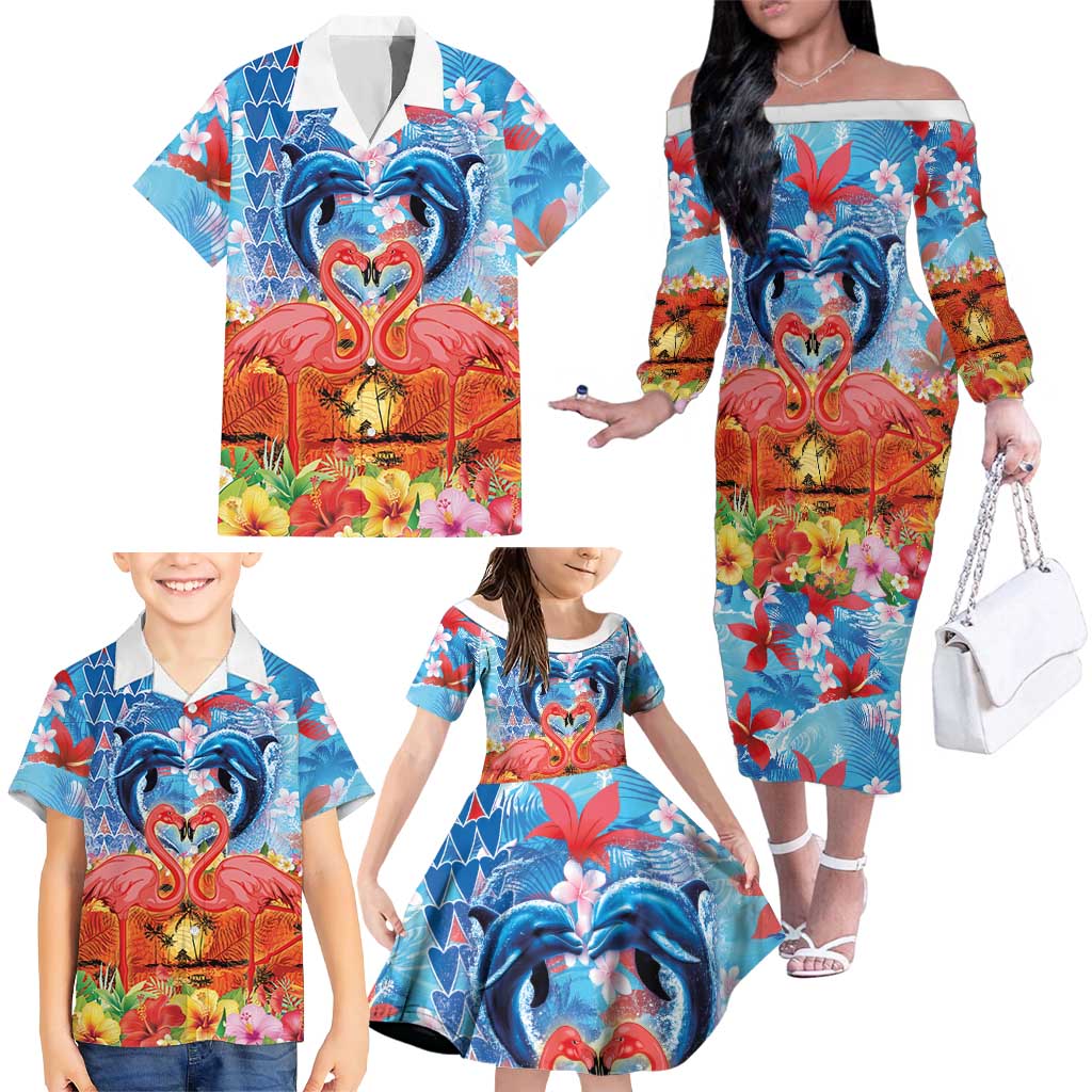 Hawaiian Love-Couple Dolphins and Flamingos Family Matching Off The Shoulder Long Sleeve Dress and Hawaiian Shirt LT03 - Polynesian Pride