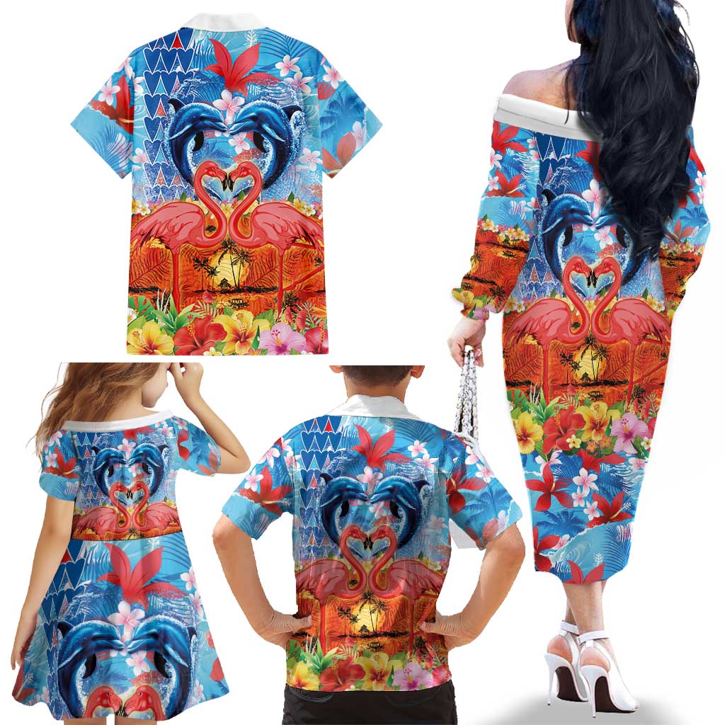 Hawaiian Love-Couple Dolphins and Flamingos Family Matching Off The Shoulder Long Sleeve Dress and Hawaiian Shirt LT03 - Polynesian Pride