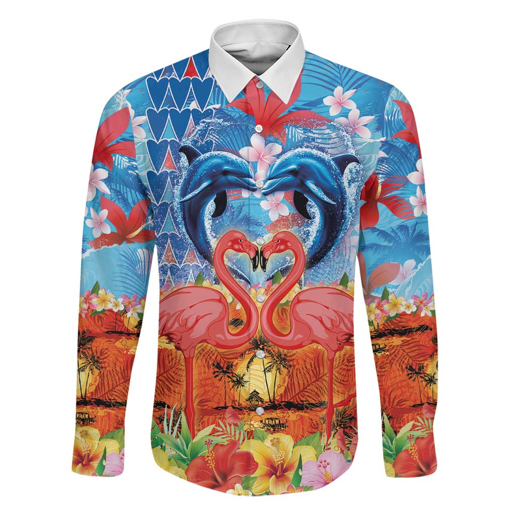 Hawaiian Love-Couple Dolphins and Flamingos Family Matching Off The Shoulder Long Sleeve Dress and Hawaiian Shirt LT03 Dad's Shirt - Long Sleeve Multicolor - Polynesian Pride