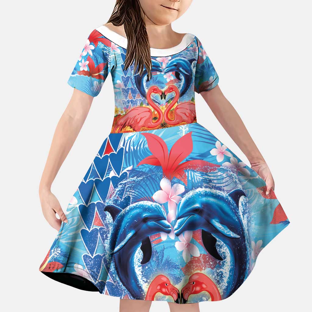 Hawaiian Love-Couple Dolphins and Flamingos Family Matching Off Shoulder Short Dress and Hawaiian Shirt LT03 Daughter's Dress Multicolor - Polynesian Pride