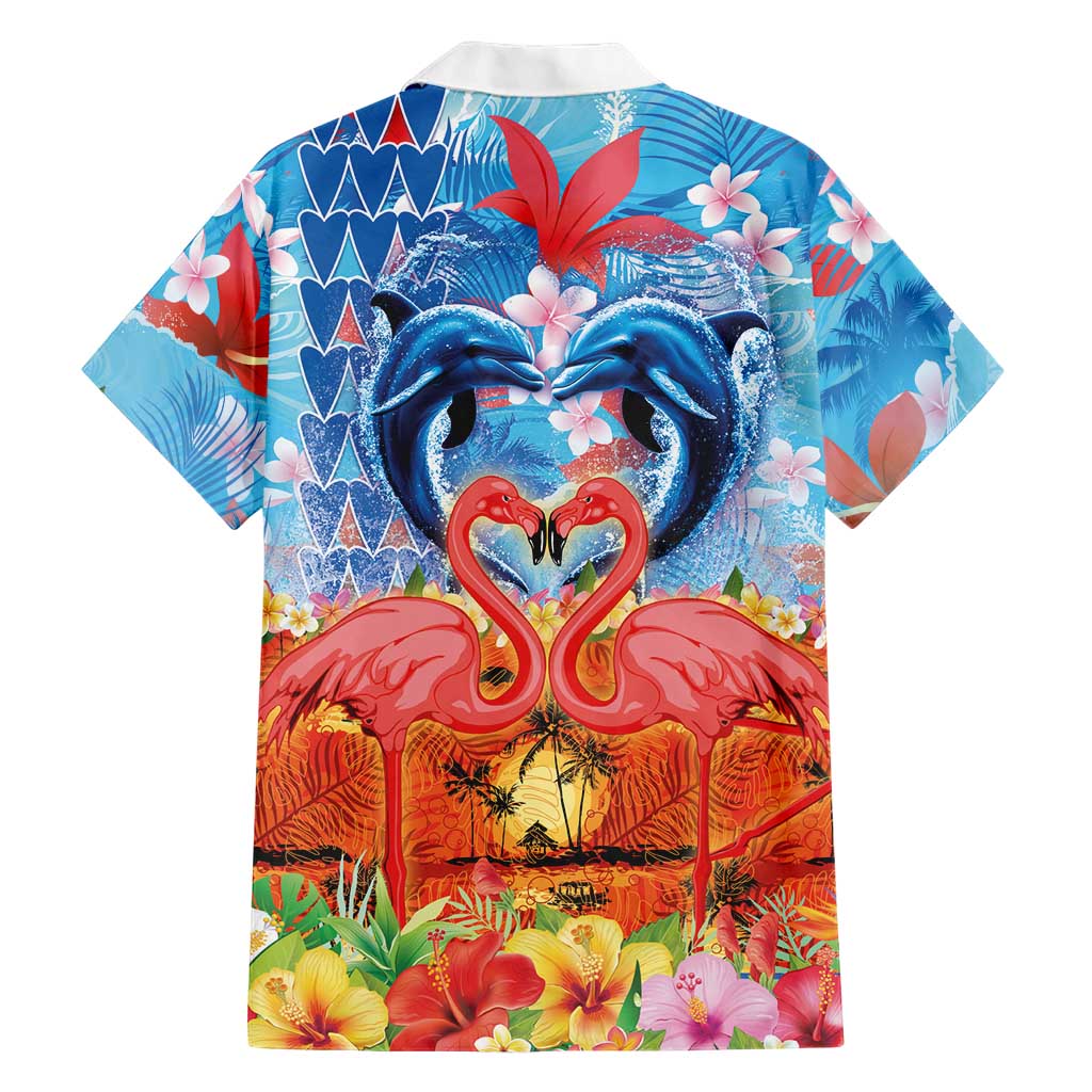 Hawaiian Love-Couple Dolphins and Flamingos Family Matching Off Shoulder Short Dress and Hawaiian Shirt LT03 - Polynesian Pride