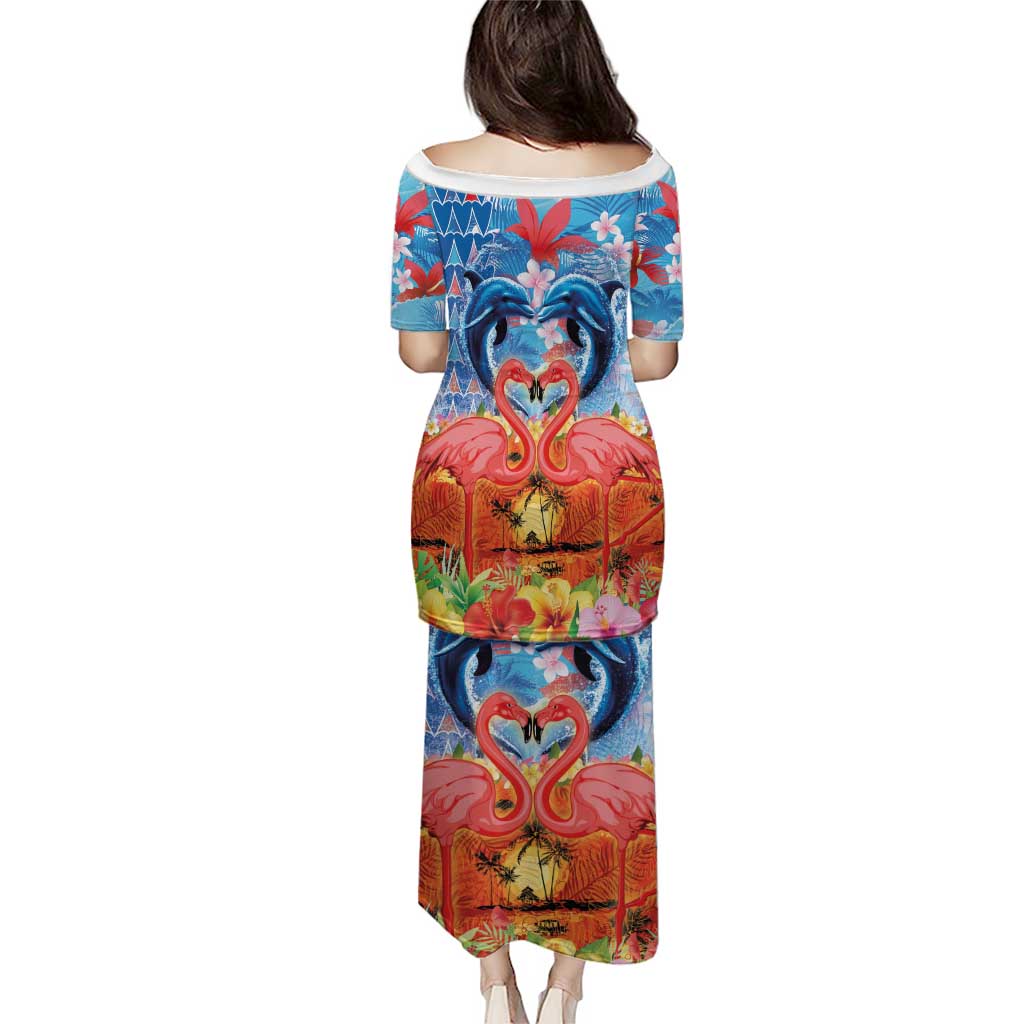 Hawaiian Love-Couple Dolphins and Flamingos Family Matching Puletasi and Hawaiian Shirt LT03 - Polynesian Pride