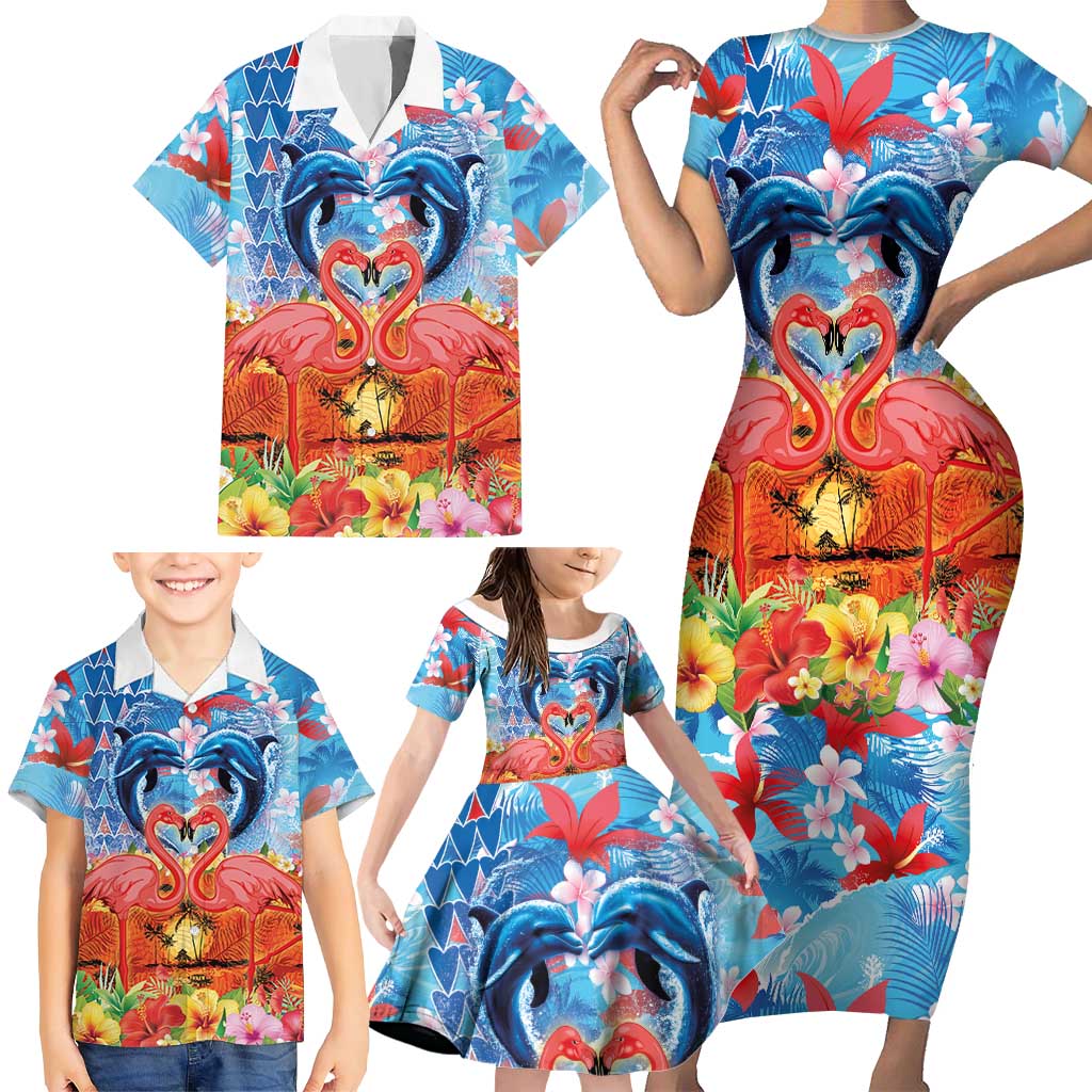 Hawaiian Love-Couple Dolphins and Flamingos Family Matching Short Sleeve Bodycon Dress and Hawaiian Shirt LT03 - Polynesian Pride