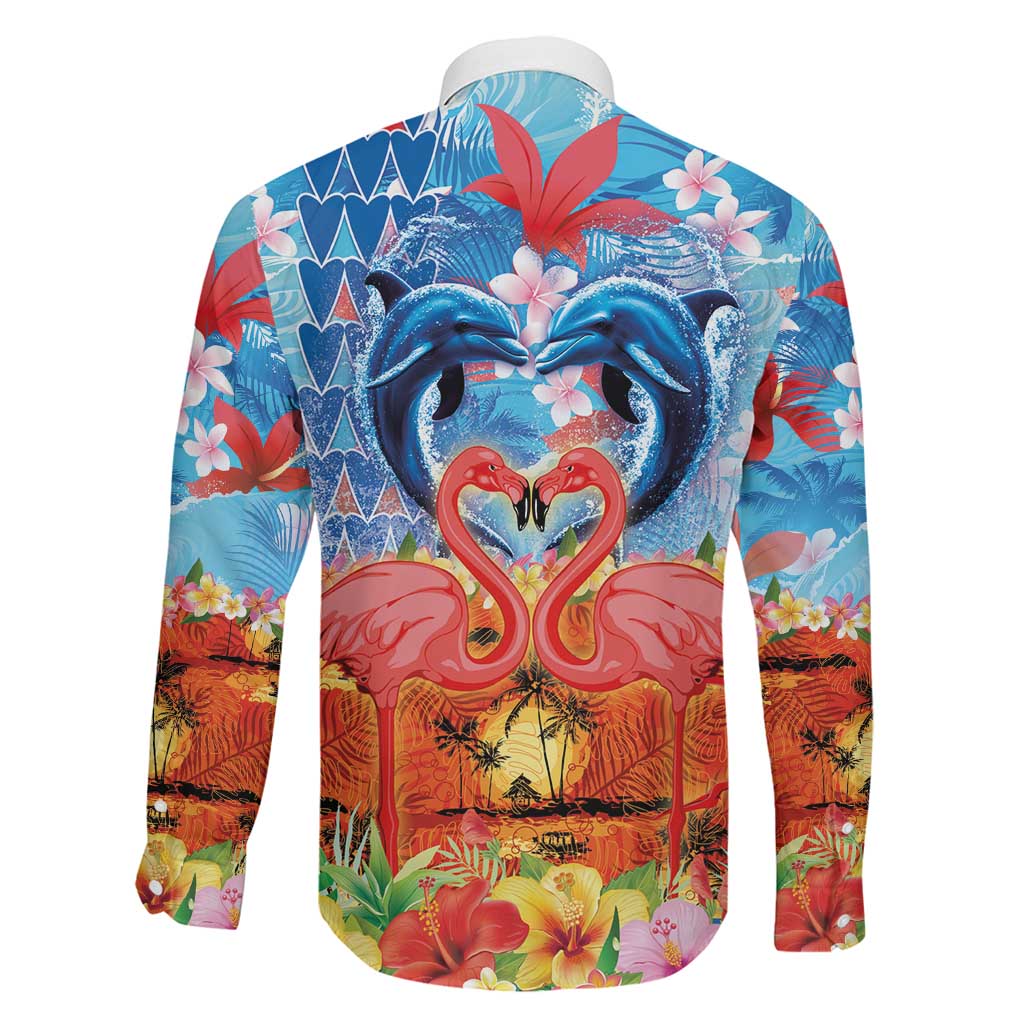 Hawaiian Love-Couple Dolphins and Flamingos Family Matching Short Sleeve Bodycon Dress and Hawaiian Shirt LT03 - Polynesian Pride