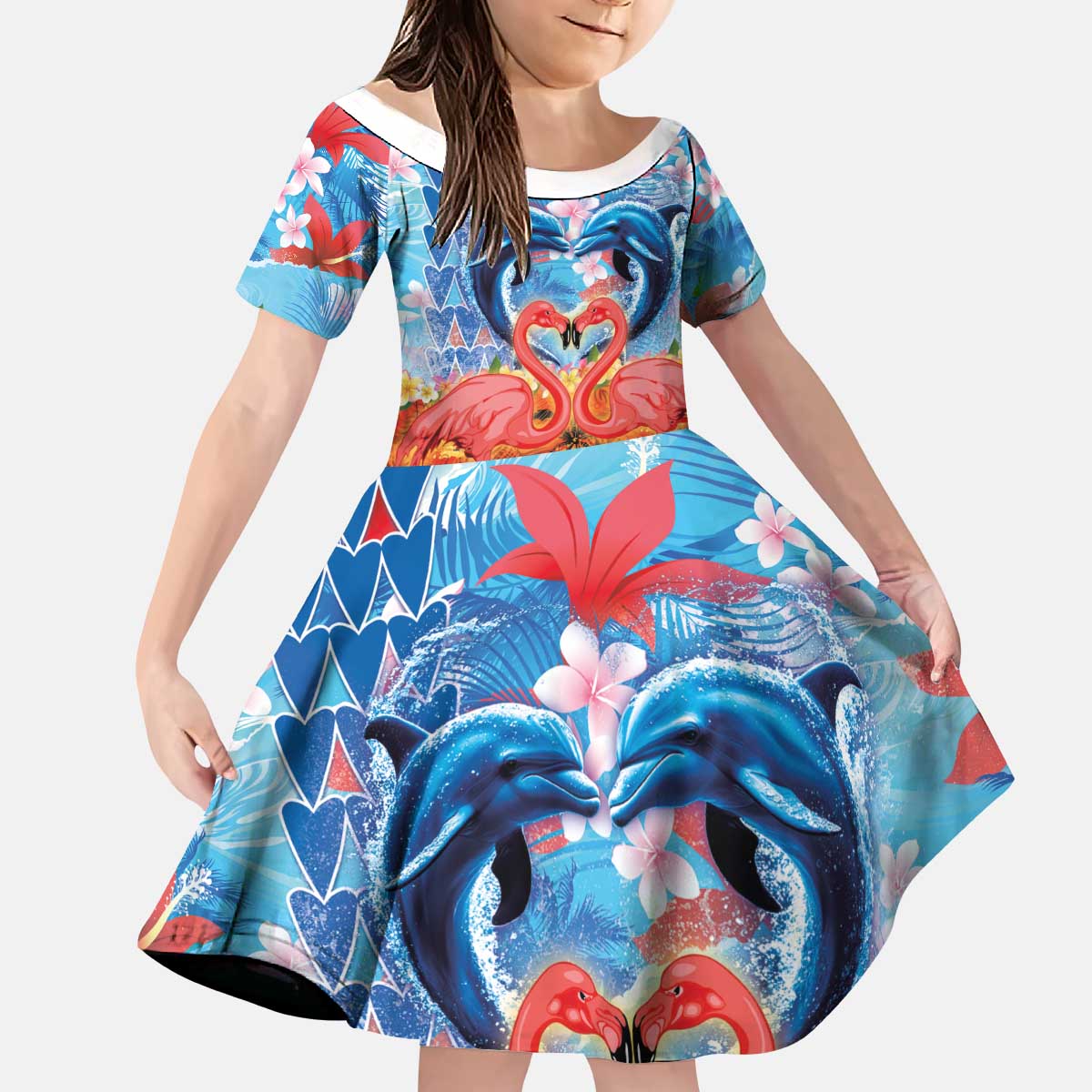 Hawaiian Love-Couple Dolphins and Flamingos Kid Short Sleeve Dress LT03 KID Multicolor - Polynesian Pride