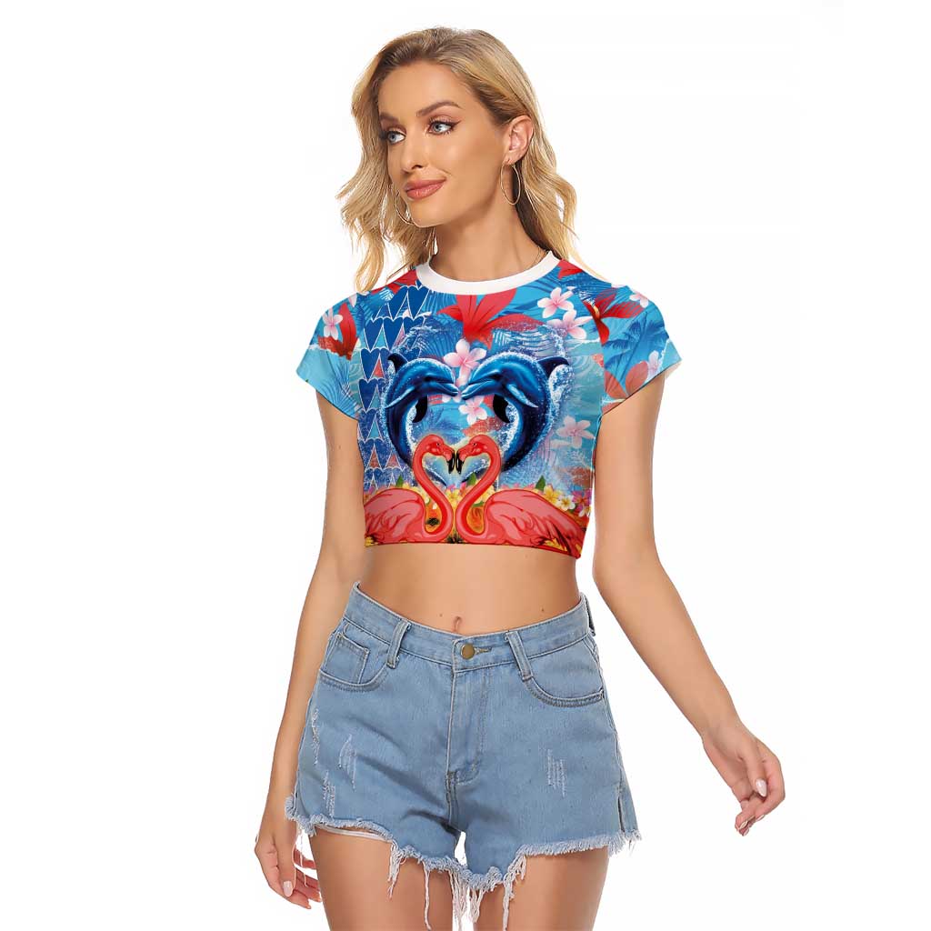 Hawaiian Love-Couple Dolphins and Flamingos Raglan Cropped T Shirt - Polynesian Pride