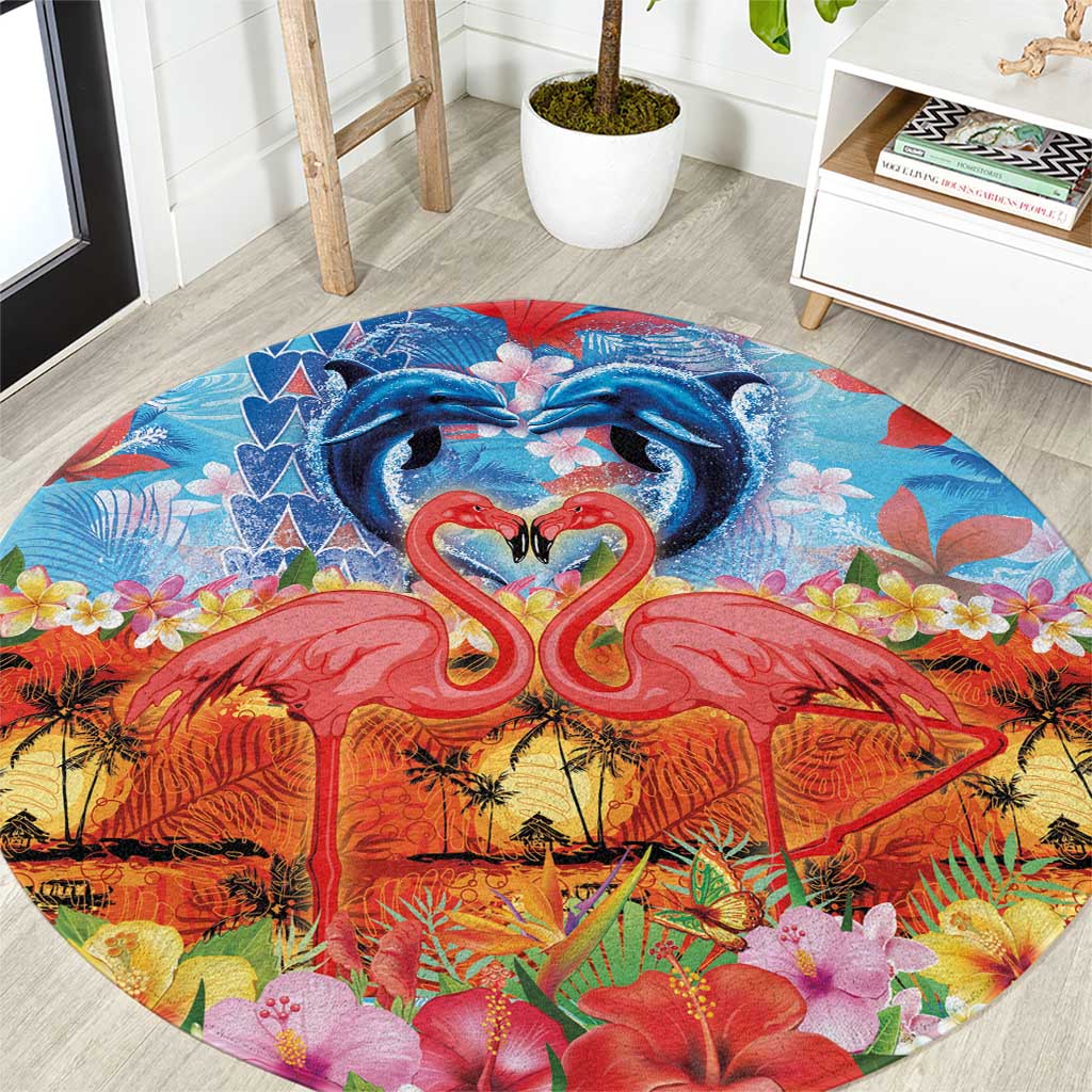 Hawaiian Love-Couple Dolphins and Flamingos Round Carpet LT03 Multicolor - Polynesian Pride