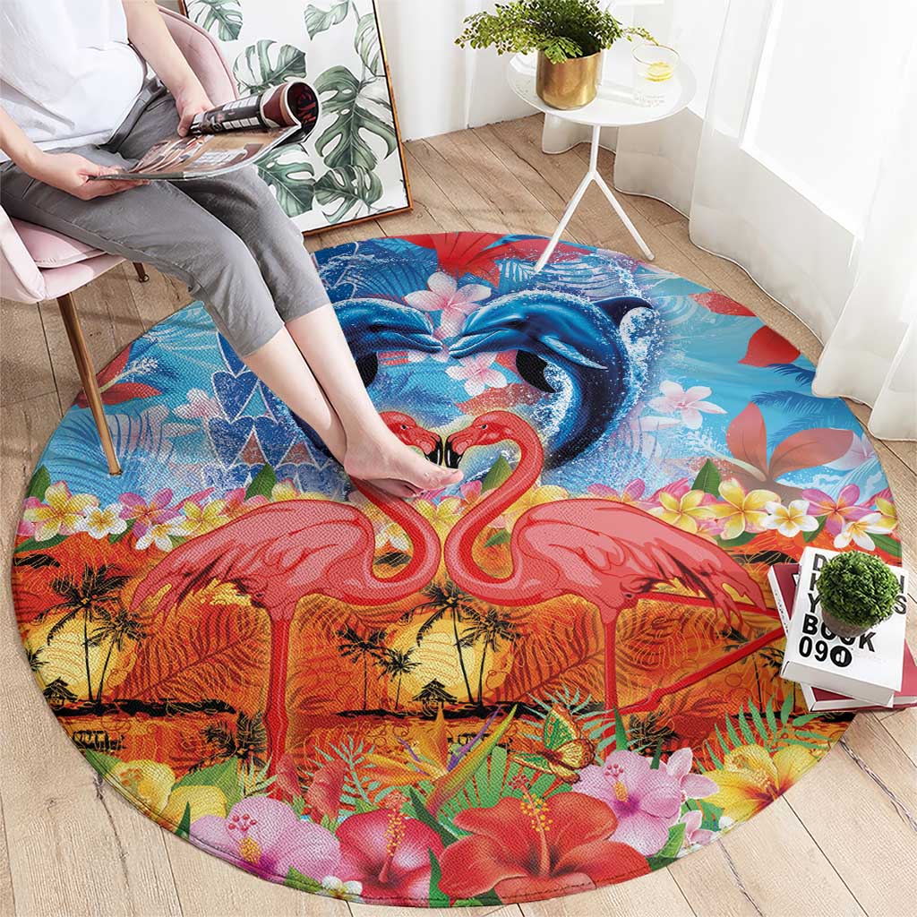 Hawaiian Love-Couple Dolphins and Flamingos Round Carpet LT03 - Polynesian Pride