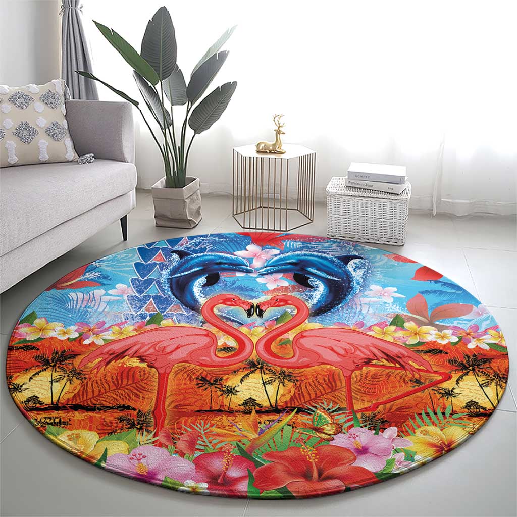 Hawaiian Love-Couple Dolphins and Flamingos Round Carpet LT03 - Polynesian Pride