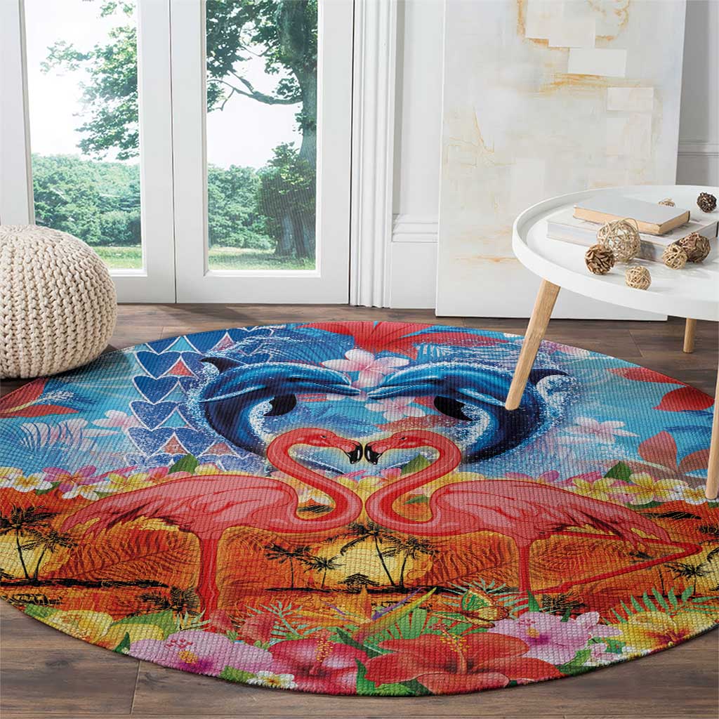 Hawaiian Love-Couple Dolphins and Flamingos Round Carpet LT03 - Polynesian Pride