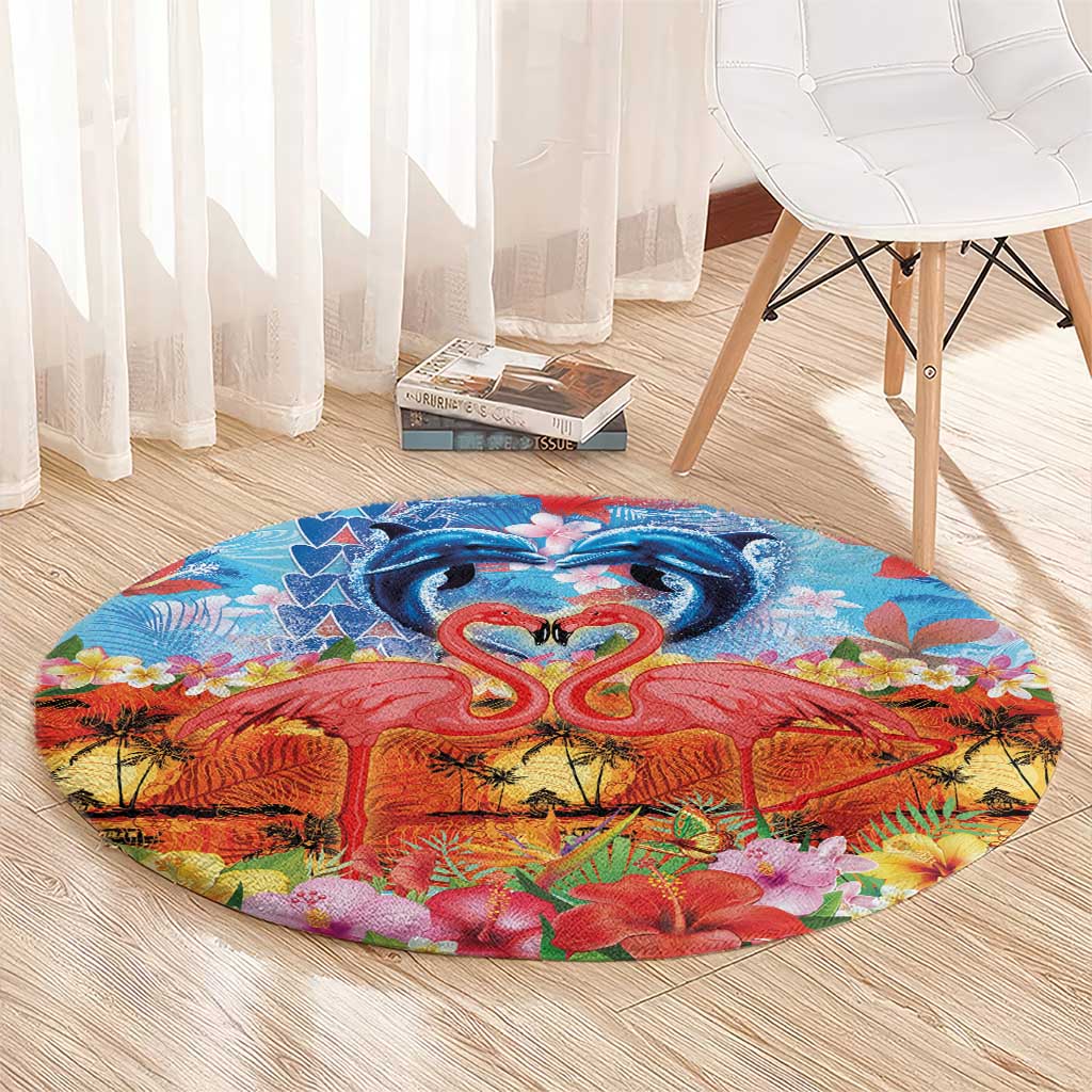 Hawaiian Love-Couple Dolphins and Flamingos Round Carpet LT03 - Polynesian Pride