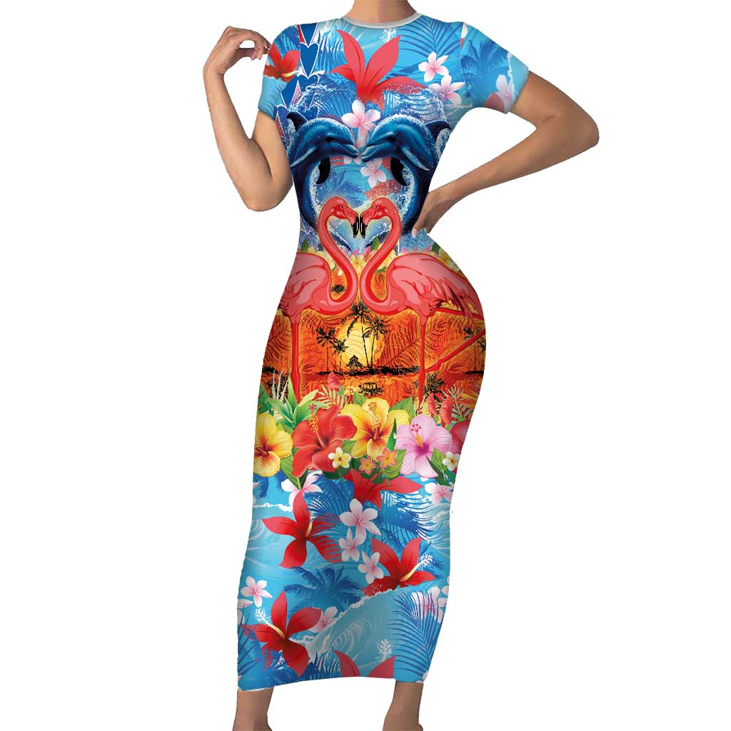 Hawaiian Love-Couple Dolphins and Flamingos Short Sleeve Bodycon Dress LT03 Long Dress Multicolor - Polynesian Pride