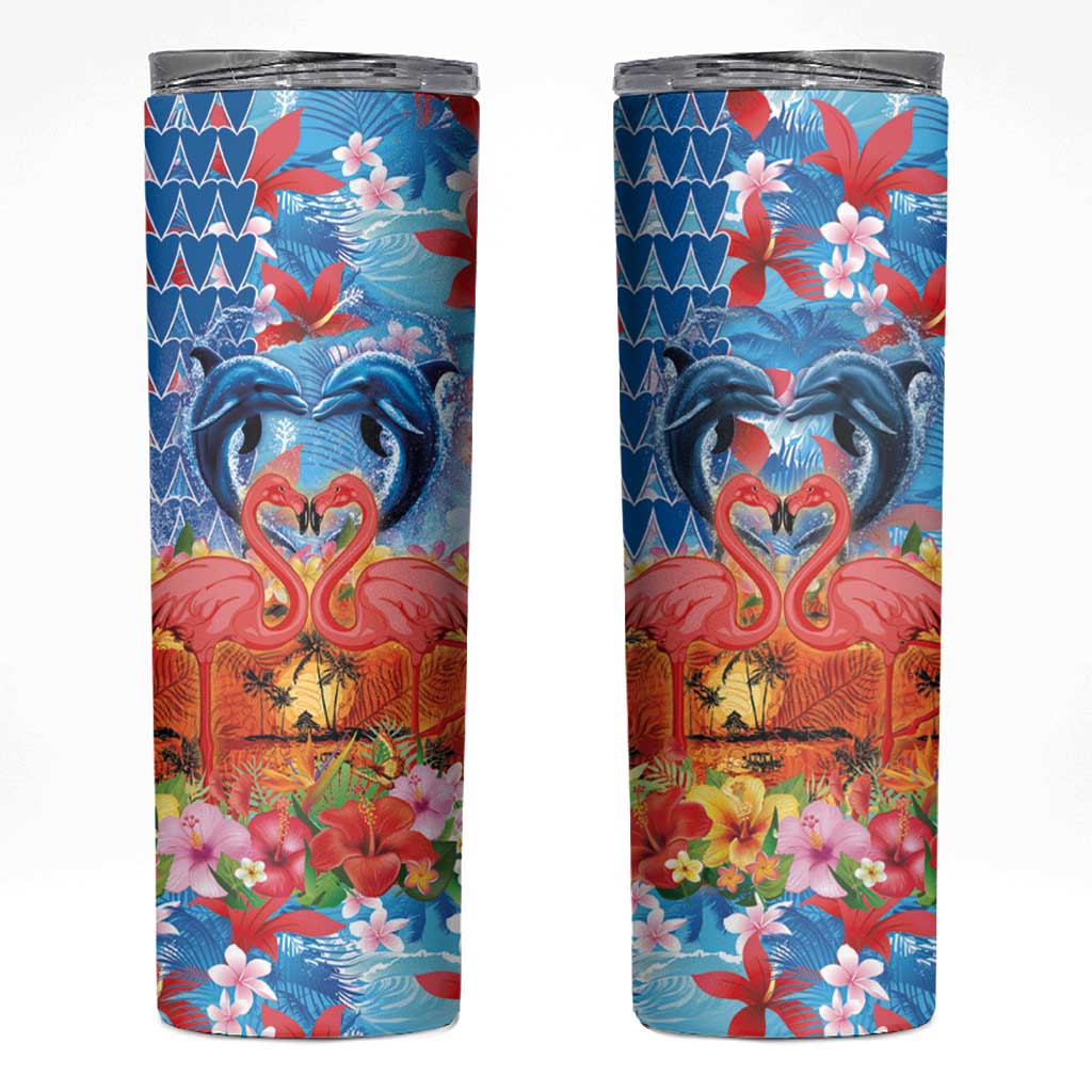 Hawaiian Love-Couple Dolphins and Flamingos Skinny Tumbler LT03 Multicolor - Polynesian Pride