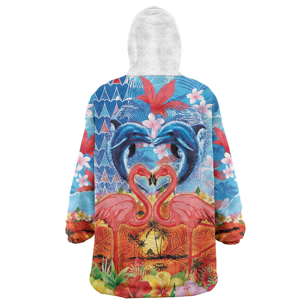Hawaiian Love-Couple Dolphins and Flamingos Wearable Blanket Hoodie LT03 - Polynesian Pride
